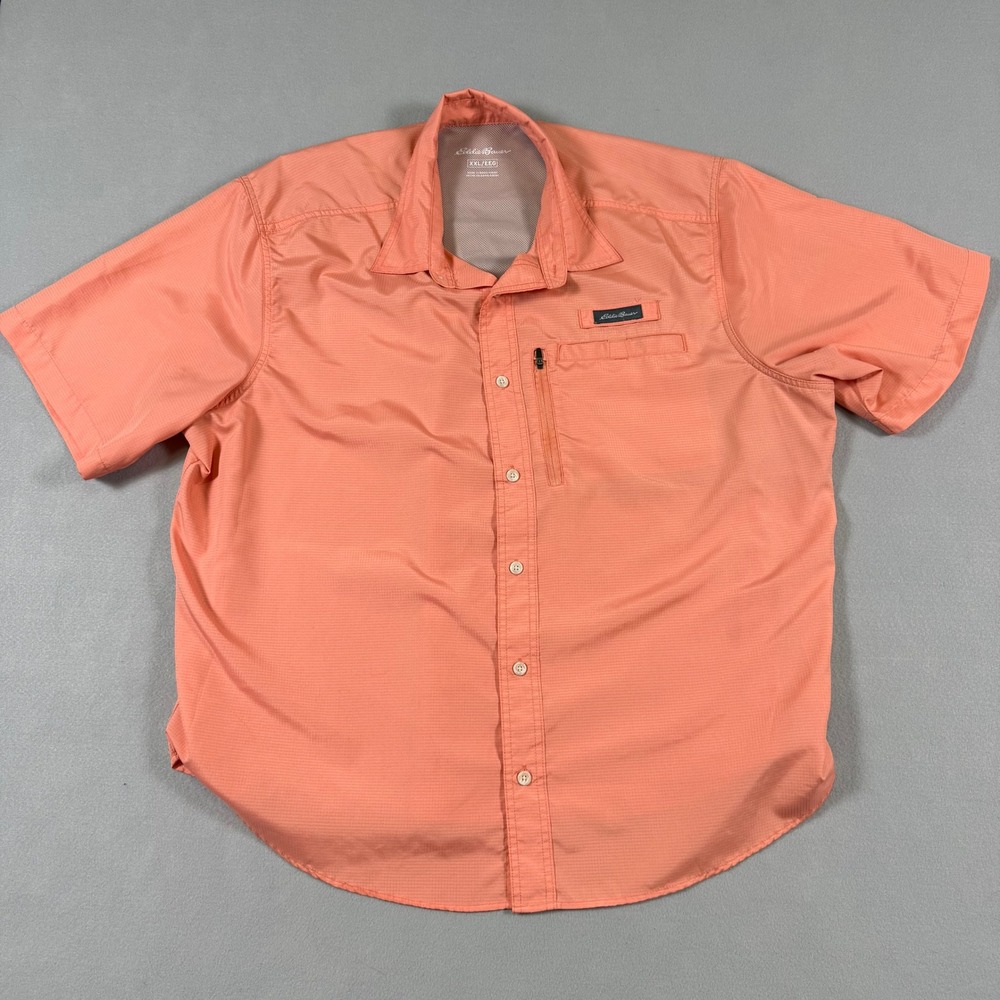 Eddie Bauer Mens XXL Short Sleeve Button Down Fishing Shirt Coral Orange Ripstop